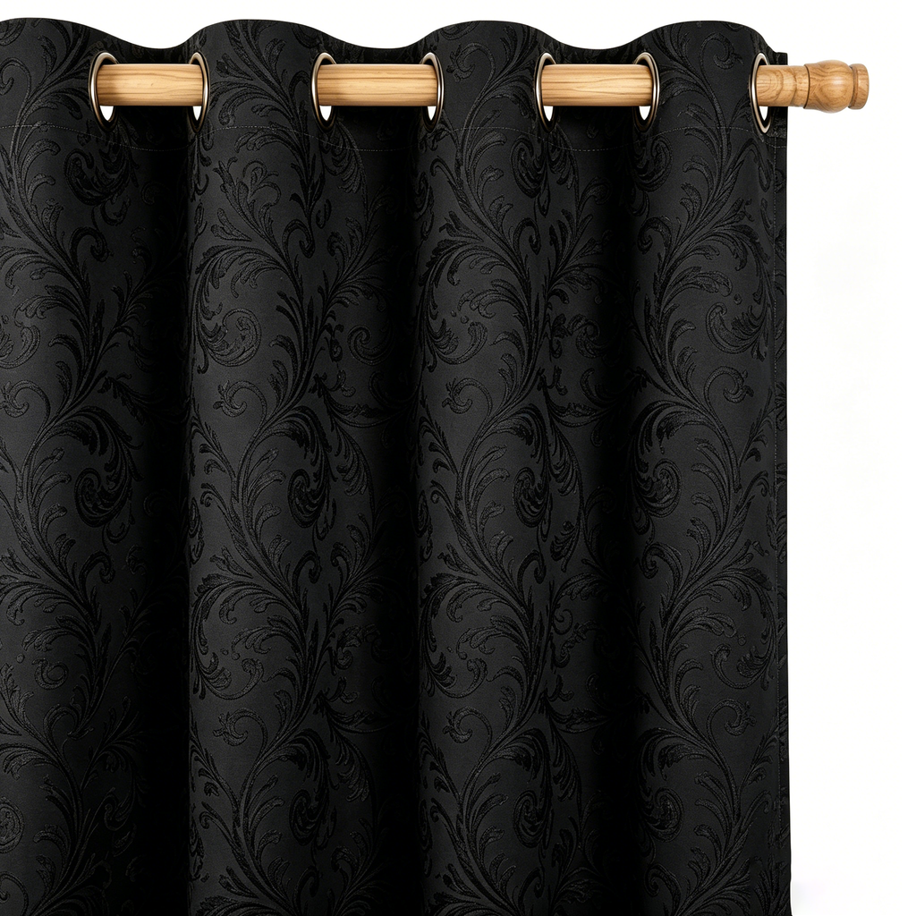 Deep Onyx Vintage Damask Grommet Curtain Panel