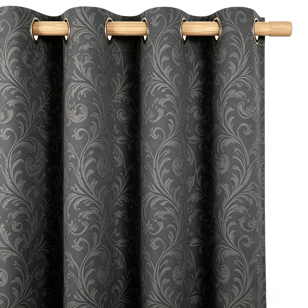 Deep Charcoal Vintage Damask Grommet Curtain Panel