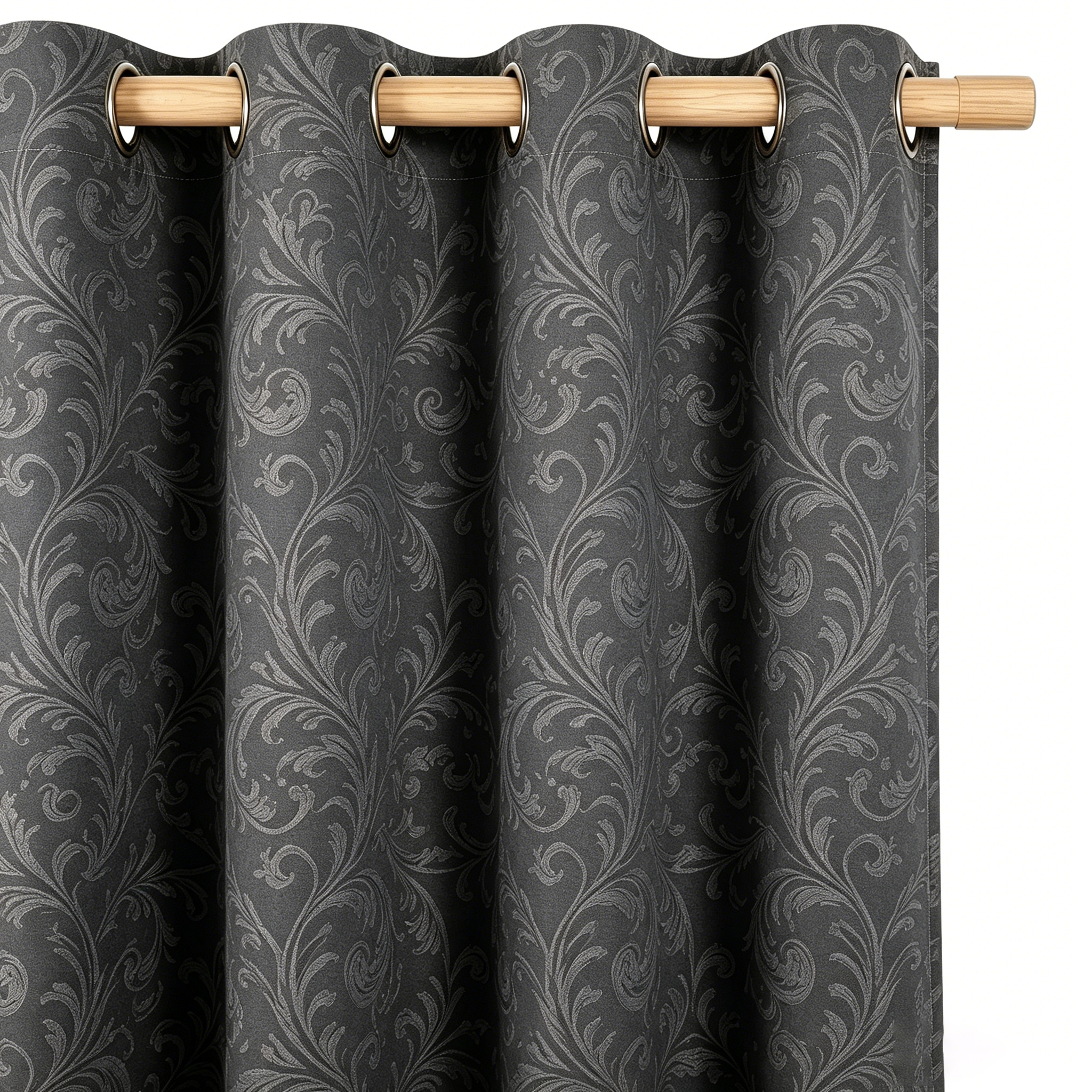Deep Charcoal Vintage Damask Grommet Curtain Panel