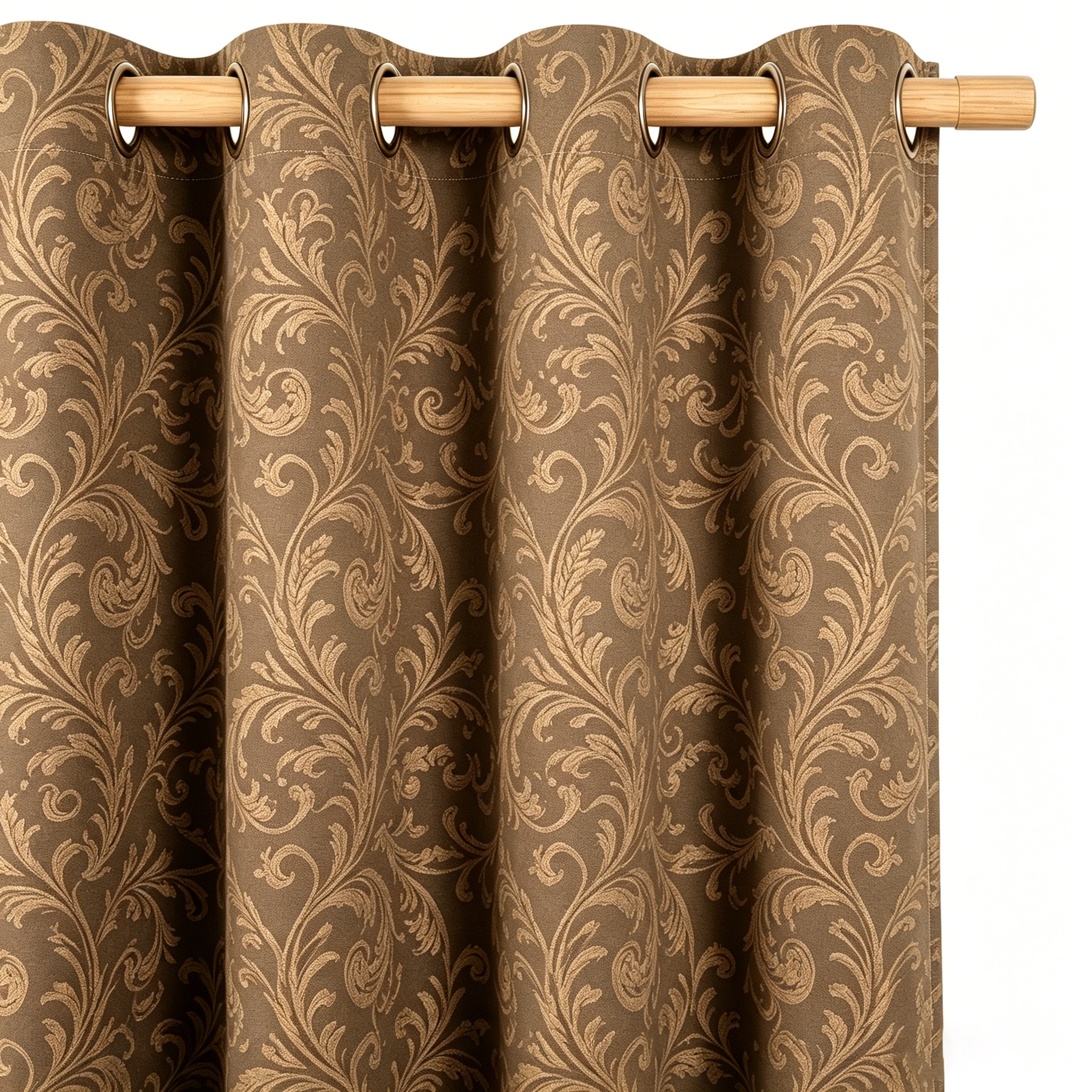 Warm Taupe and Antique Gold Vintage Damask Grommet Curtain Panel