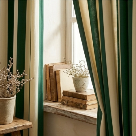 Deep Emerald and Muted Ivory Tailored Stripe Grommet Curtain Panel