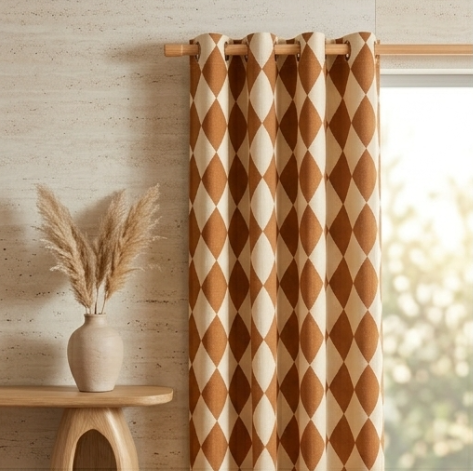 Warm Terracotta and Muted Ivory Harlequin Grommet Curtain Panel