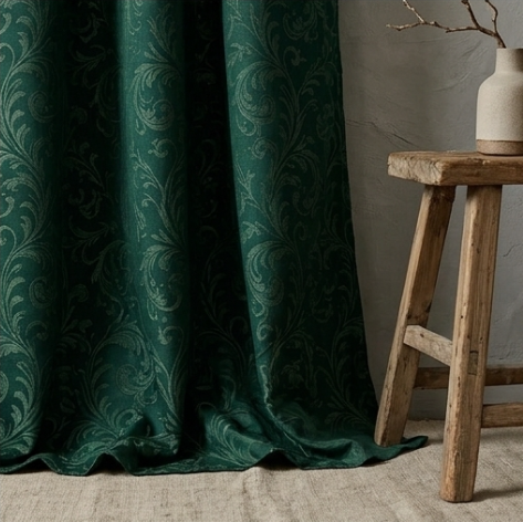 Deep Emerald Vintage Damask Grommet Curtain Panel