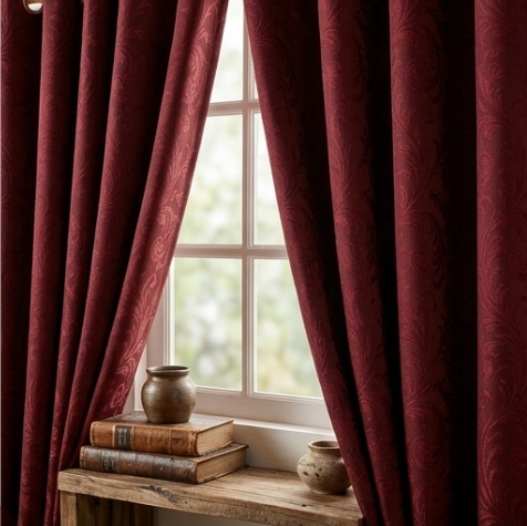 Deep Burgundy Vintage Damask Grommet Curtain Panel