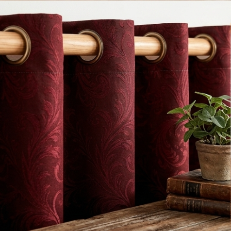 Deep Burgundy Vintage Damask Grommet Curtain Panel