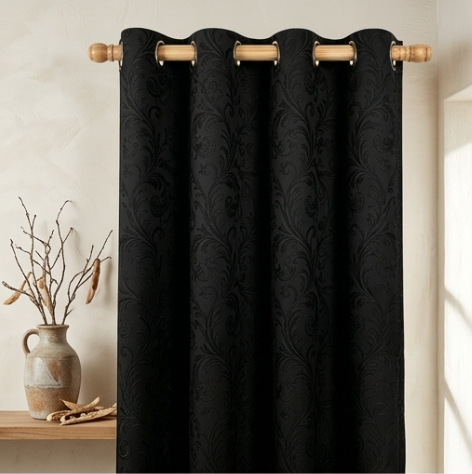 Deep Onyx Vintage Damask Grommet Curtain Panel