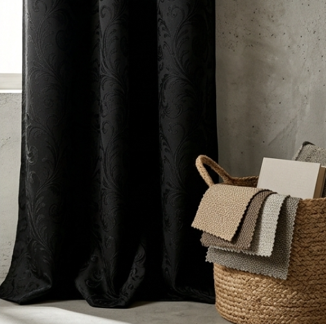 Deep Onyx Vintage Damask Grommet Curtain Panel