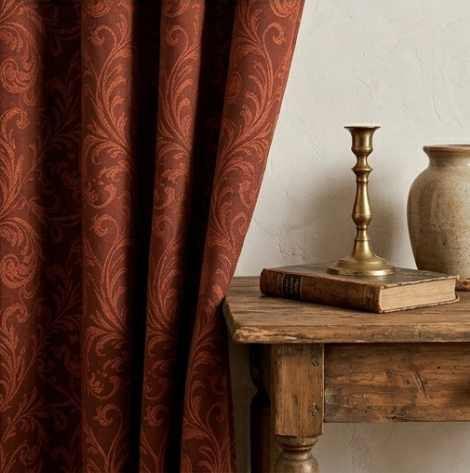 Warm Rust Vintage Damask Grommet Curtain Panel