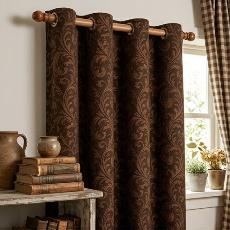Rich Espresso and Warm Taupe Vintage Damask Grommet Curtain Panel