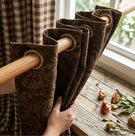 Rich Espresso and Warm Taupe Vintage Damask Grommet Curtain Panel