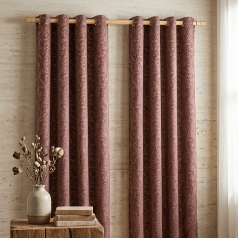 Vintage Mauve and Warm Taupe Damask Grommet Curtain Panel