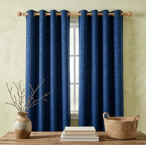 Deep Navy Vintage Damask Grommet Curtain Panel