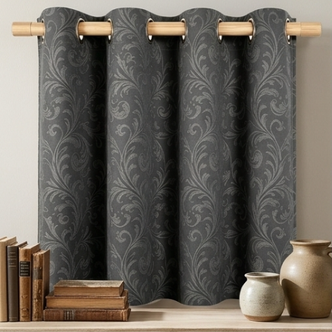Deep Charcoal Vintage Damask Grommet Curtain Panel