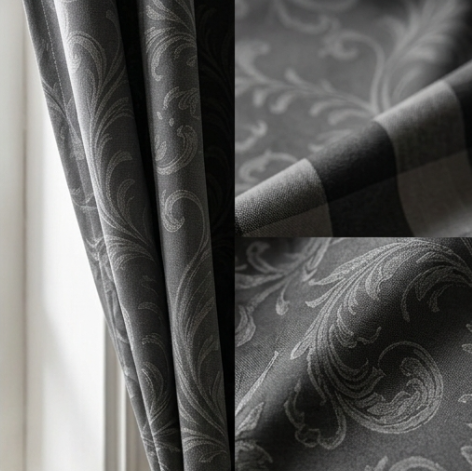 Deep Charcoal Vintage Damask Grommet Curtain Panel