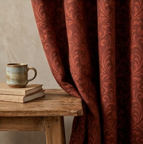 Heirloom Rust Vintage Damask Grommet Curtain Panel