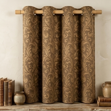 Warm Taupe and Antique Gold Vintage Damask Grommet Curtain Panel