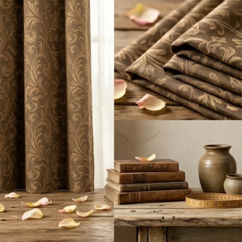 Warm Taupe and Antique Gold Vintage Damask Grommet Curtain Panel
